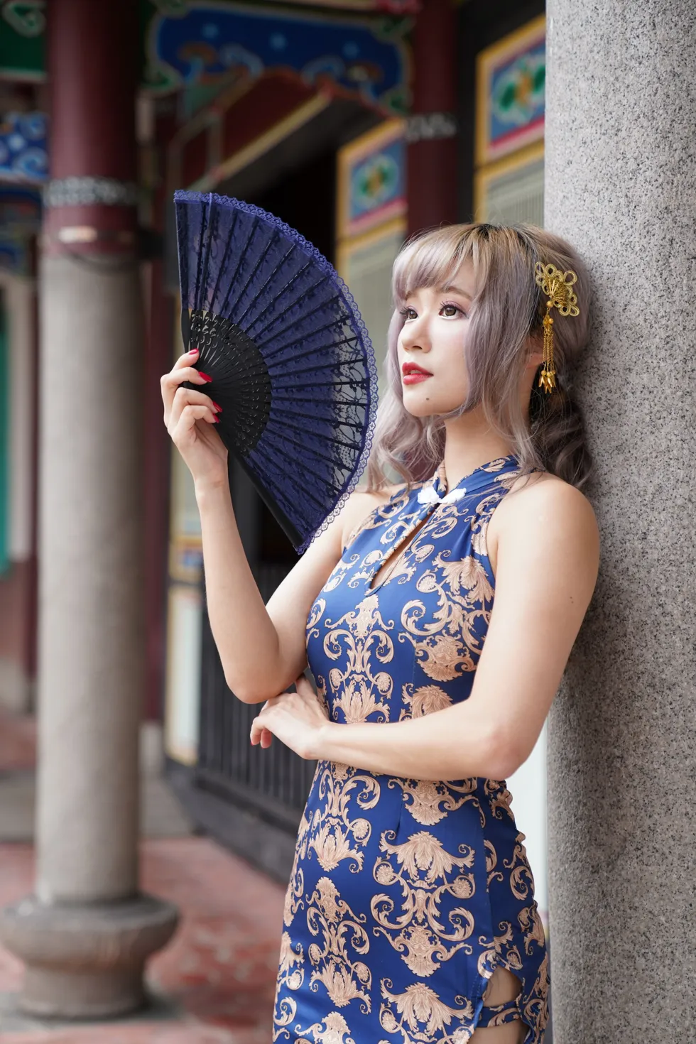 [Mzsock] NO.149 Xue Kaiyun blue flower short cheongsam with high heels and beautiful legs street photography#[105P]-68